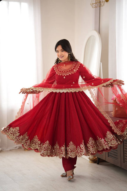 Red Sequin Embroidered Anarkali Set