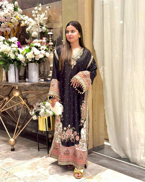 Black Embroidered Star Silk Kurta Set