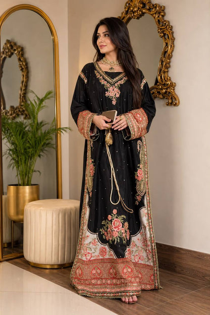 Black Embroidered Star Silk Kurta Set