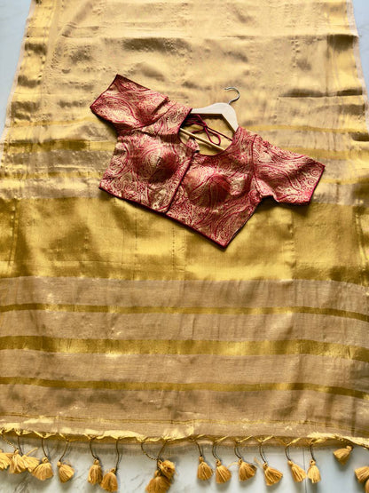 Beige Zari Tissue Linen Saree
