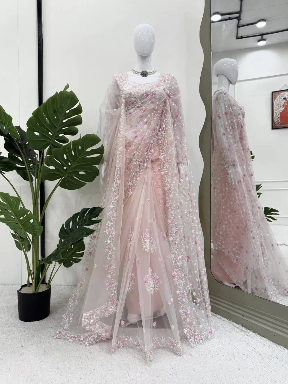 Embroidered Soft Net Designer Saree With Dupatta