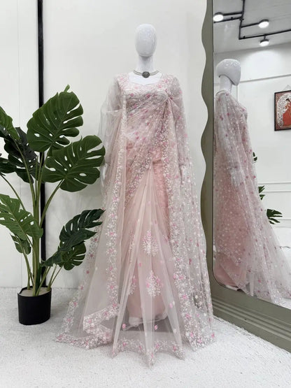 Embroidered Soft Net Designer Saree With Dupatta