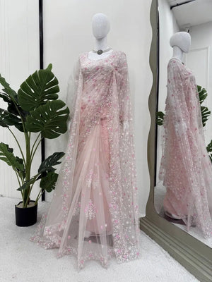 Embroidered Soft Net Designer Saree With Dupatta