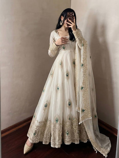 Ivory Peacock Feather Anarkali Gown