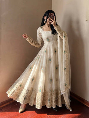 Ivory Peacock Feather Anarkali Gown