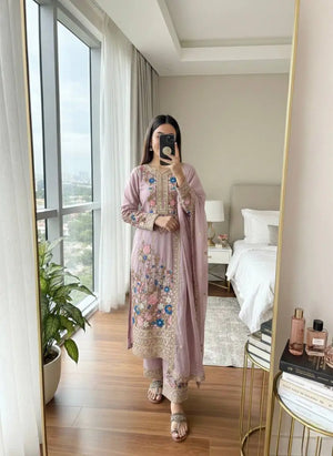 Heavy Chinon Silk Embroidered Palazzo Suit Set with Diamond Hand Work