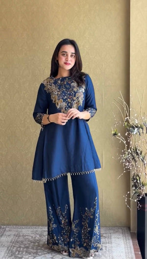 Navy Embroidered Kurti Palazzo Set