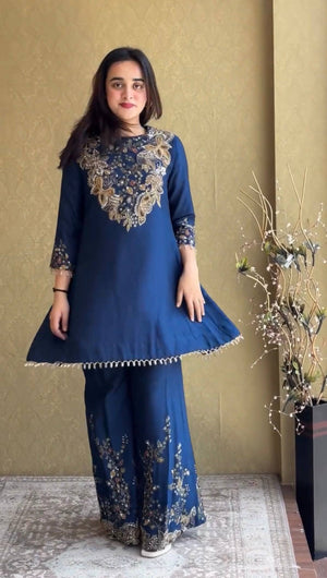 Navy Embroidered Kurti Palazzo Set
