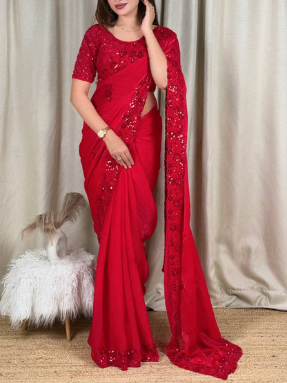 Crimson Beaded Sequin Saree