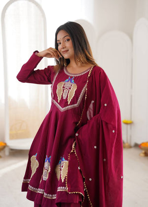 Wine Roman Silk Anarkali Palazzo Set