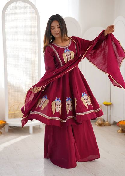 Wine Roman Silk Anarkali Palazzo Set