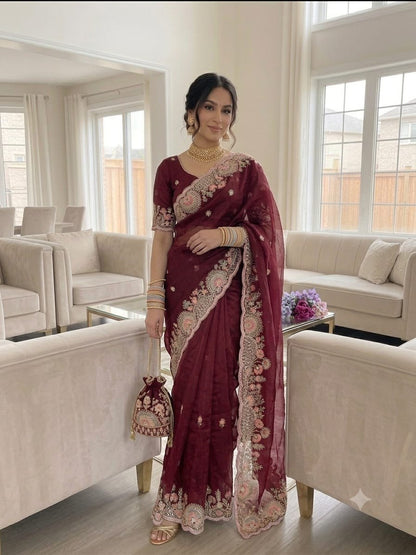 Floral Embroidered Shimmer Satin Saree