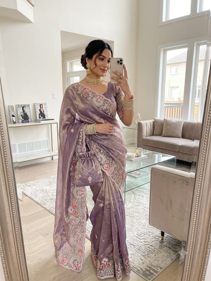Floral Embroidered Shimmer Satin Saree