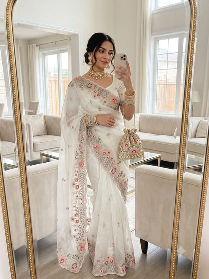 Floral Embroidered Shimmer Satin Saree