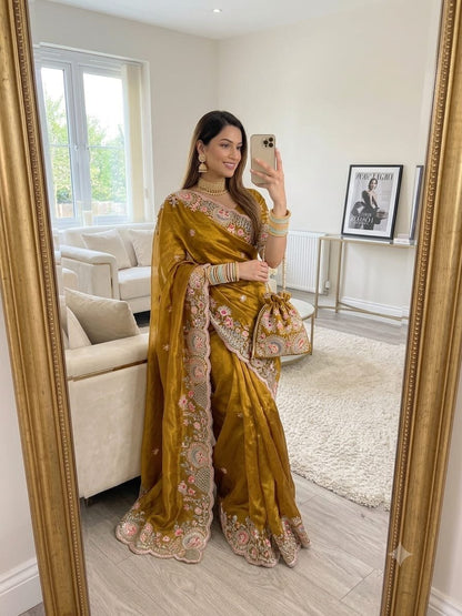 Floral Embroidered Shimmer Satin Saree