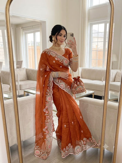 Floral Embroidered Shimmer Satin Saree