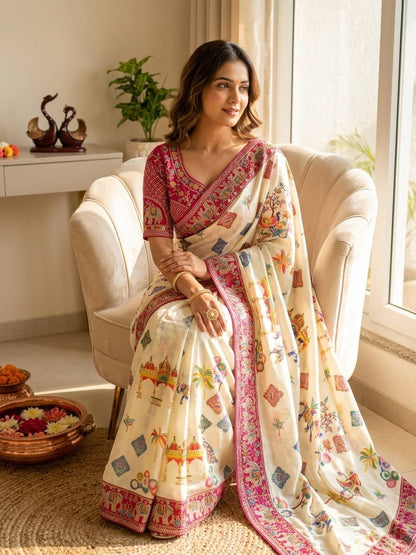 Ivory Printed Chinon Saree with Embroidery
