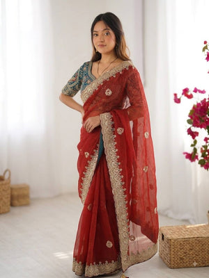 Red Space Silk Zari Saree with Teal Blouse