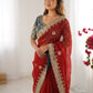 Red Space Silk Zari Saree with Teal Blouse