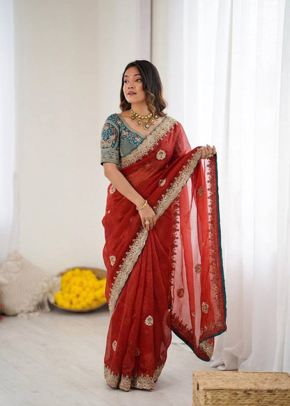 Red Space Silk Zari Saree with Teal Blouse