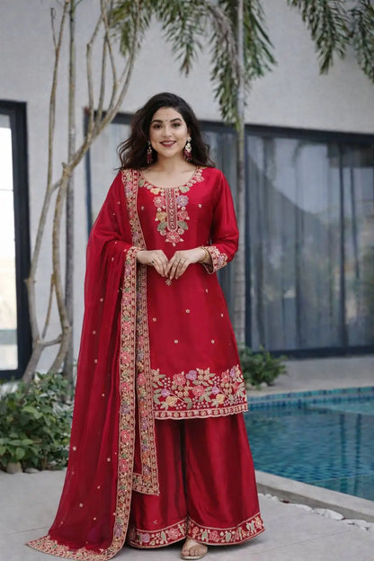 Elegant Chinon Silk Embroidered Suit Set for Festive and Wedding Wear