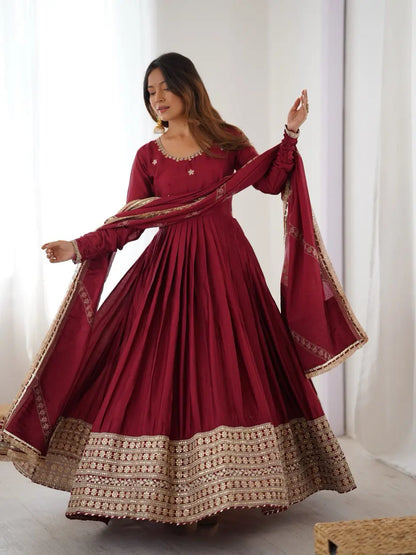 Embroidered Chinon Silk Anarkali Gown Set