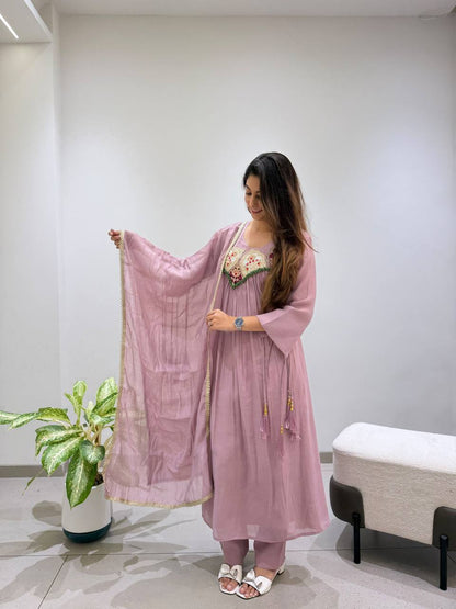 Mul Chanderi Anarkali with Embroidered Yoke
