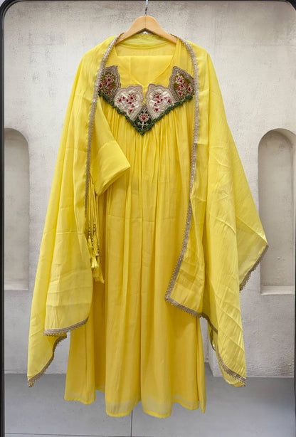 Mul Chanderi Anarkali with Embroidered Yoke