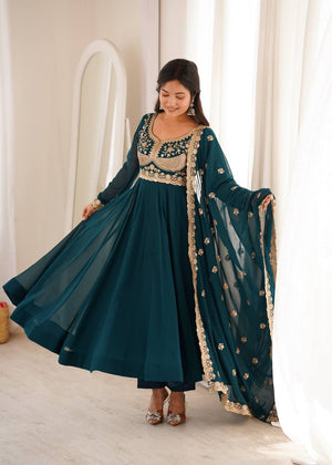 Teal Sequin Embroidered Anarkali Suit Set