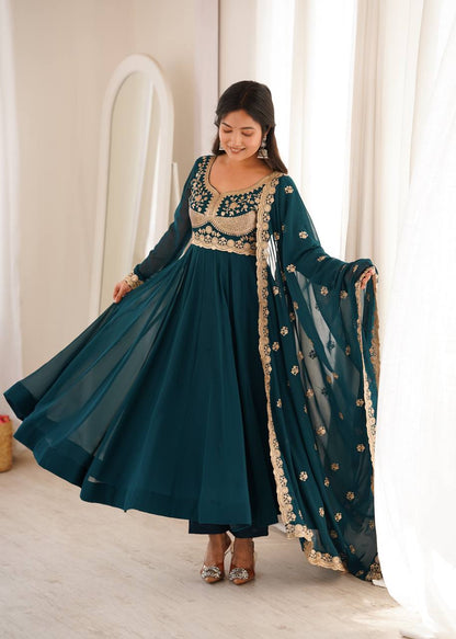 Teal Sequin Embroidered Anarkali Suit Set