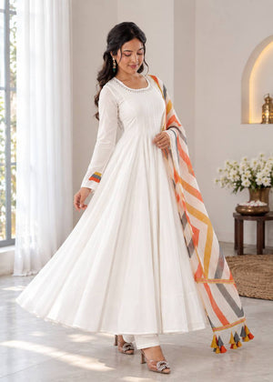 White Mul Cotton Anarkali Set with Dupatta