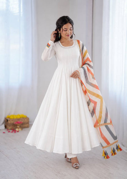 White Mul Cotton Anarkali Set with Dupatta