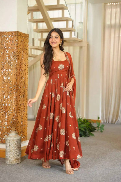 Rust Sequin Anarkali Suit with Dupatta