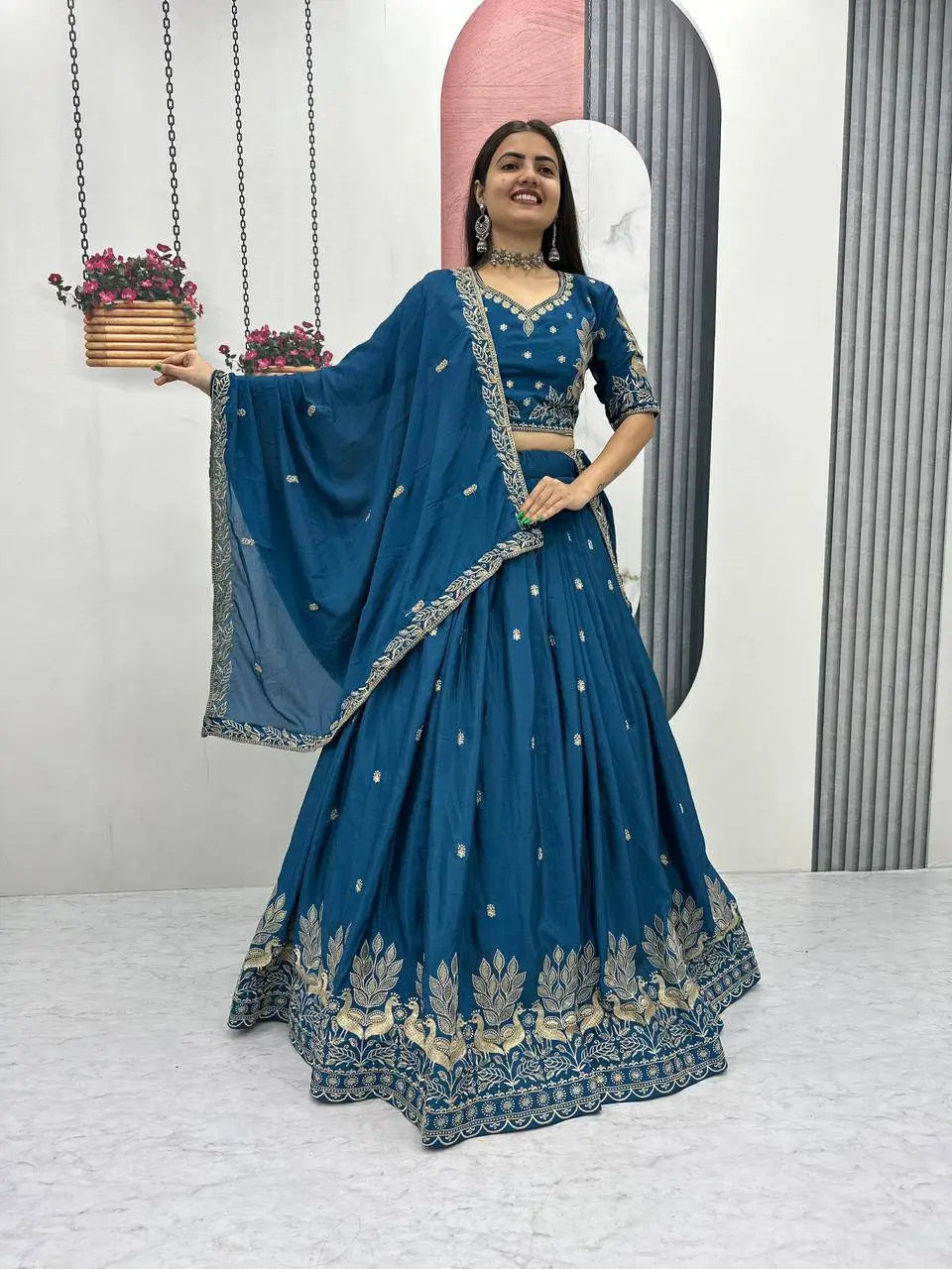 Vichitra Silk Embroidered Festival Lehenga Choli Set