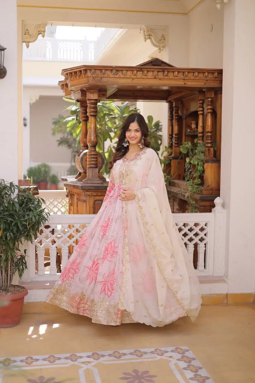 Printed Russian Silk Anarkali Gown with Embroidered Dupatta for Festive and Party Wear