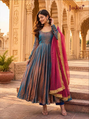 Teal Copper Shimmer Silk Anarkali Set