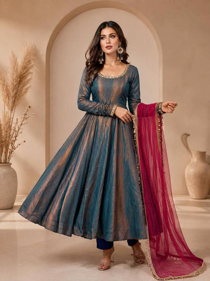 Teal Copper Shimmer Silk Anarkali Set
