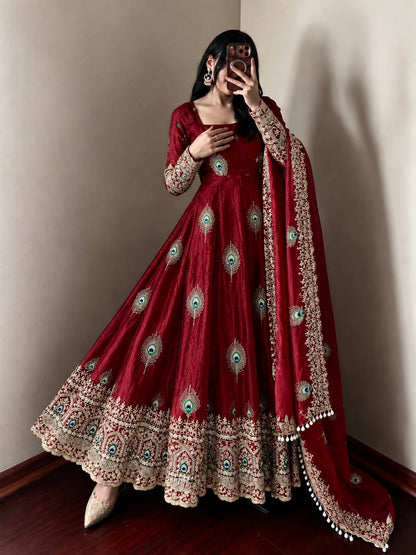 Ivory Peacock Feather Anarkali Gown