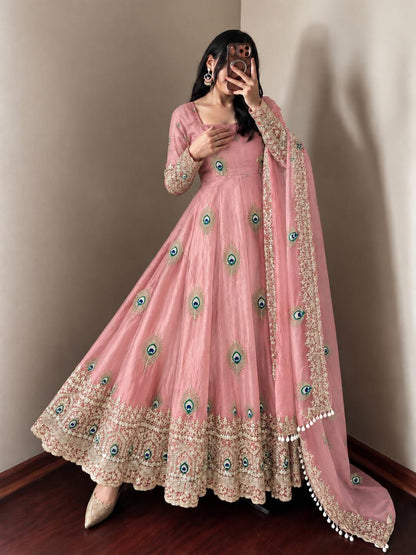 Ivory Peacock Feather Anarkali Gown