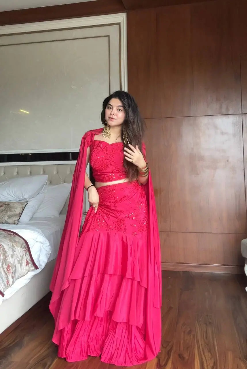 French Crepe Layered Lehenga Set with Cape Style Dupatta for Wedding and Party Wear