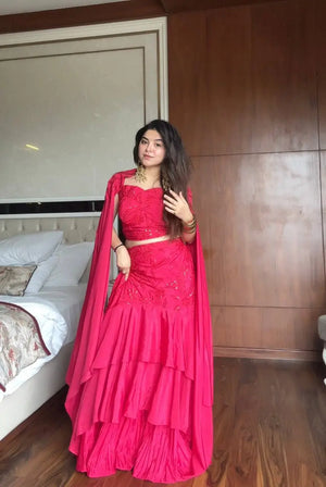 French Crepe Layered Lehenga Set with Cape Style Dupatta for Wedding and Party Wear