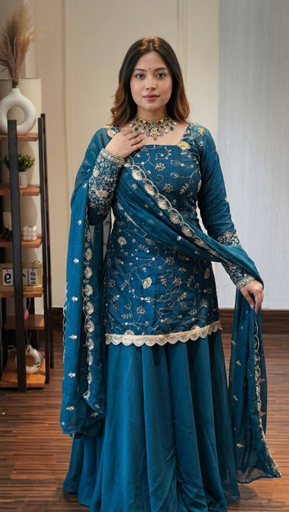 Teal Crinkle Silk Kurta Palazzo Set