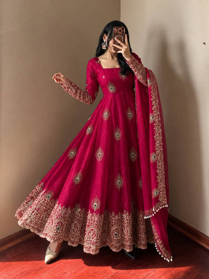 Ivory Peacock Feather Anarkali Gown