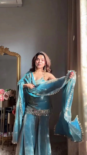 Embroidered Fendy Silk Sharara Palazzo Suit Set for Wedding and Festive Wear