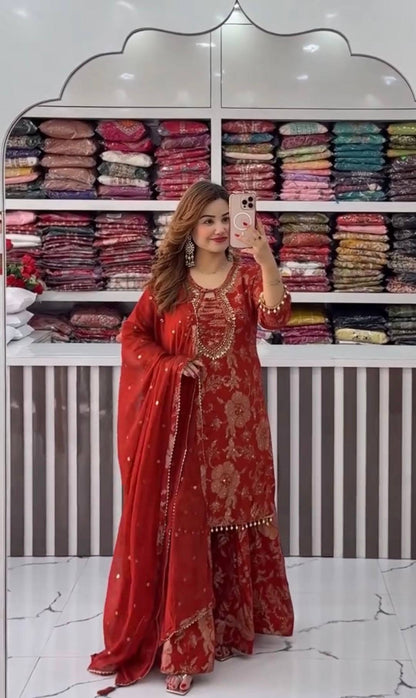 Red Embroidered Georgette Palazzo Suit