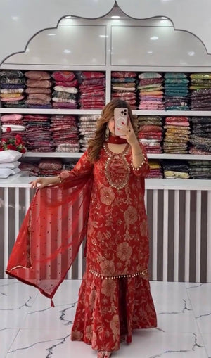 Red Embroidered Georgette Palazzo Suit