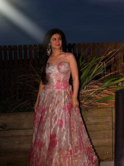 Coral Floral Organza Corset Lehenga