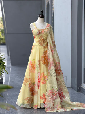 Coral Floral Organza Corset Lehenga