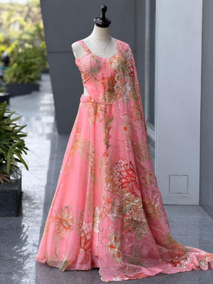 Coral Floral Organza Corset Lehenga