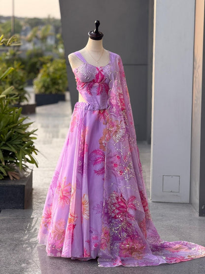 Coral Floral Organza Corset Lehenga